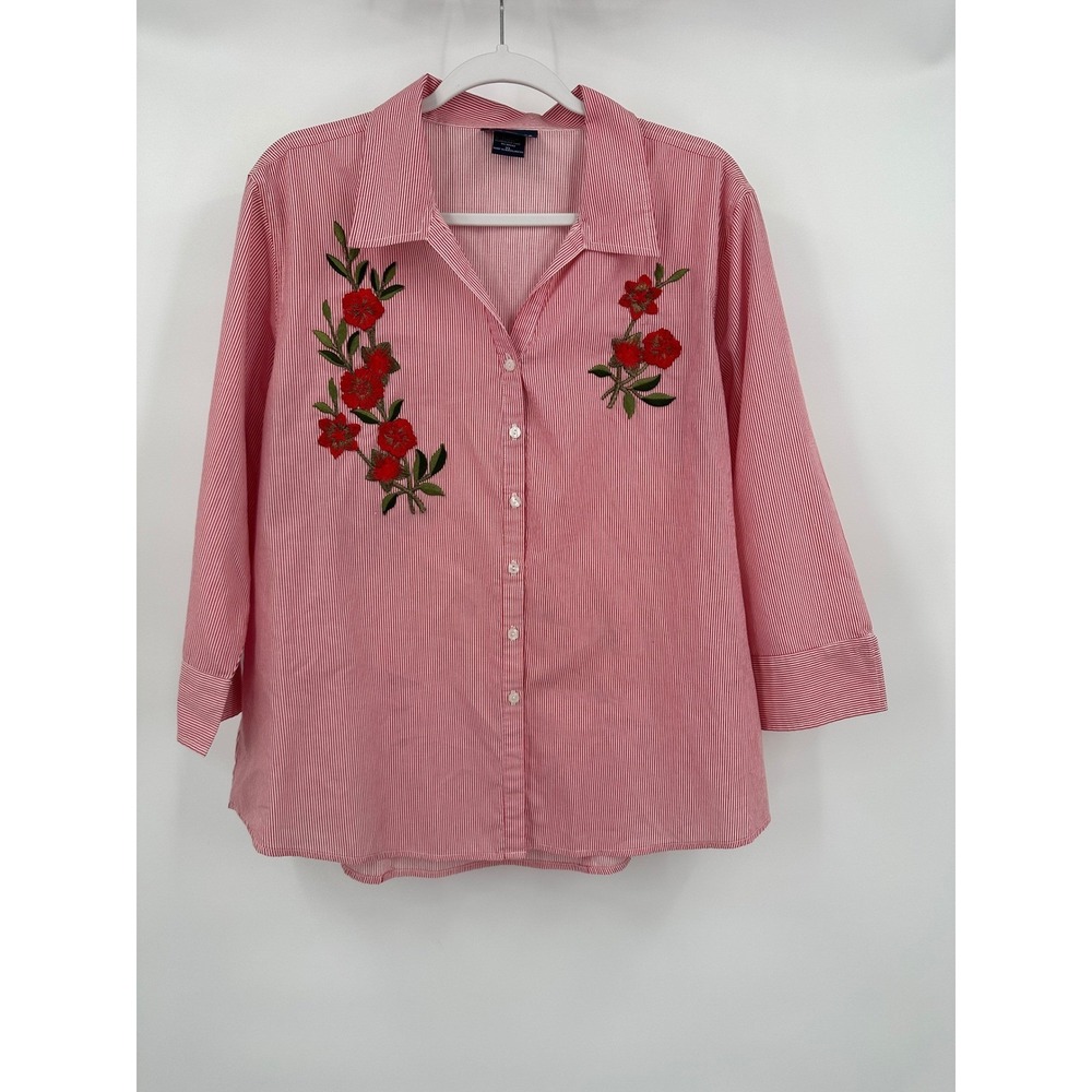Womens Cottage Floral Striped Top Size XL Shabby‎ Chic Grandma Modest Red White